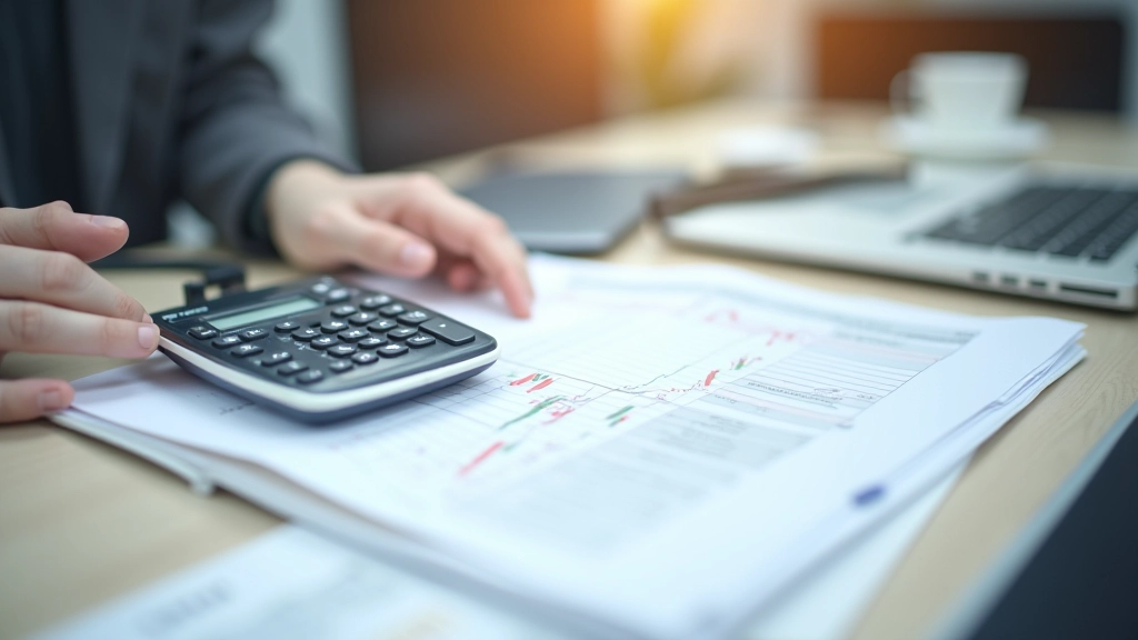 Calculadora e gráficos mostrando gestão de risco financeiro