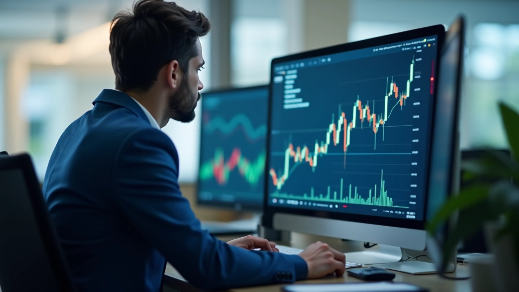 Analista financeiro a trabalhar com gráficos e dados em monitor, ambiente de escritório moderno, foco no trabalho