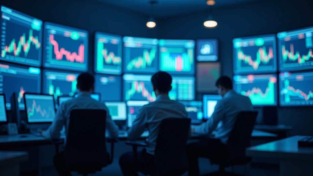 Sala de análise de mercados financeiros com computadores e gráficos de negociação