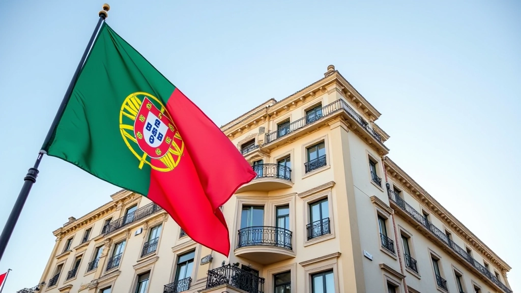 Edifício da Euronext Lisboa com bandeira portuguesa, arquitectura clássica, fachada impressionante, iluminação natural