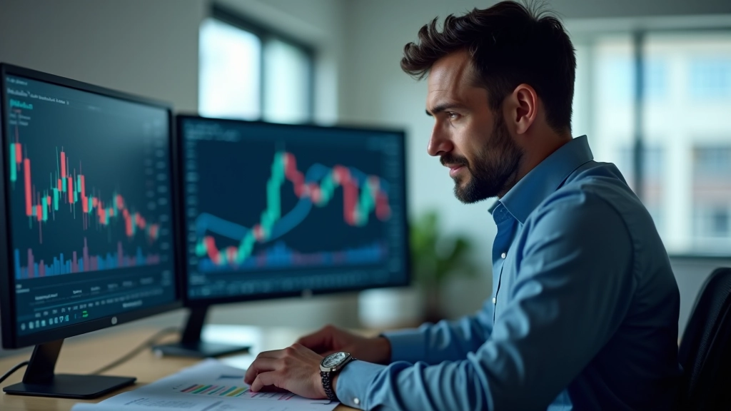 Trader analisando múltiplos gráficos em monitores, planificando posições e níveis de stop-loss