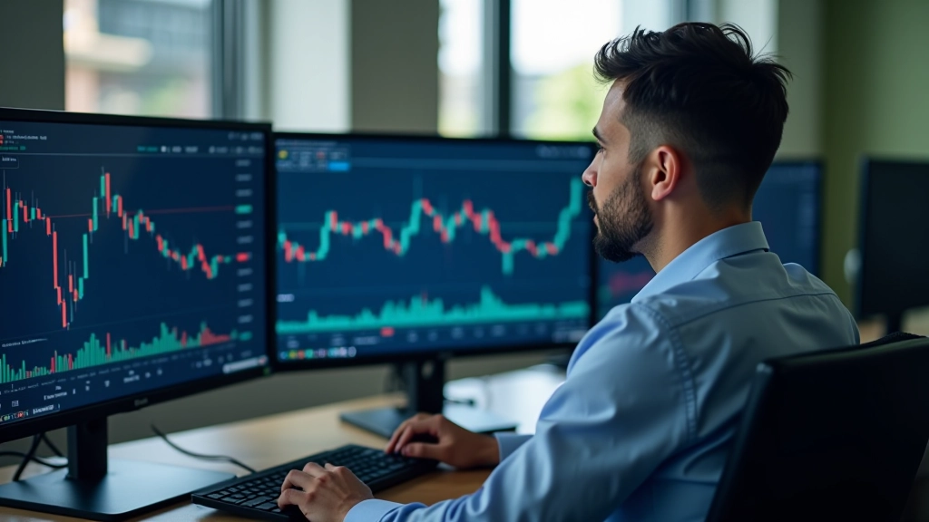 Workspace de trader profissional com múltiplos monitores mostrando análise de mercados