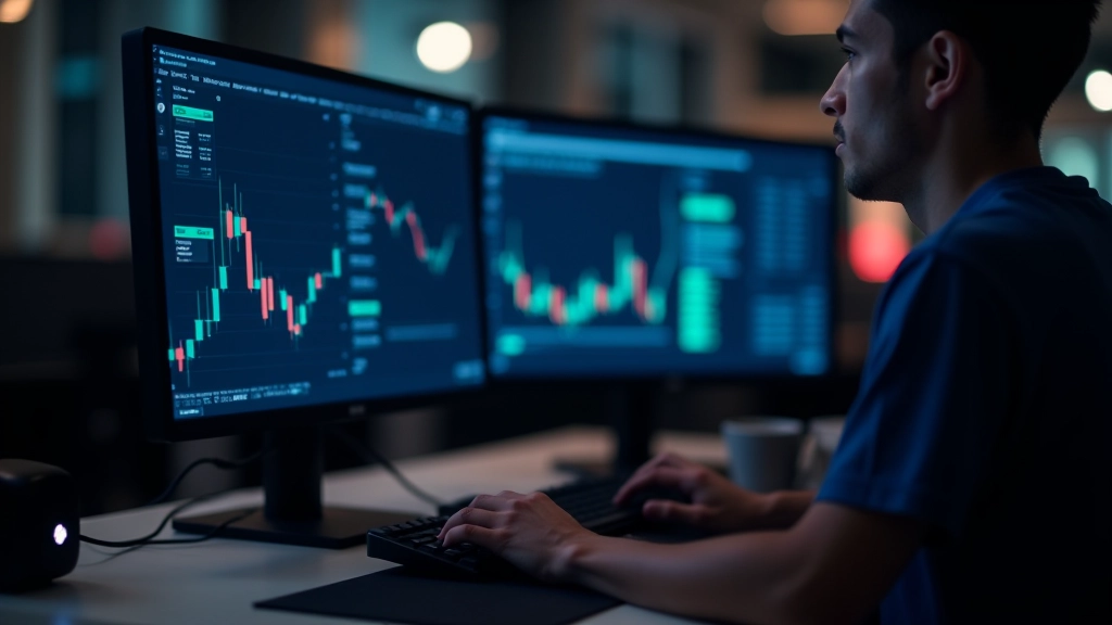 Espaço de trabalho de trader com múltiplos monitores e análise em tempo real